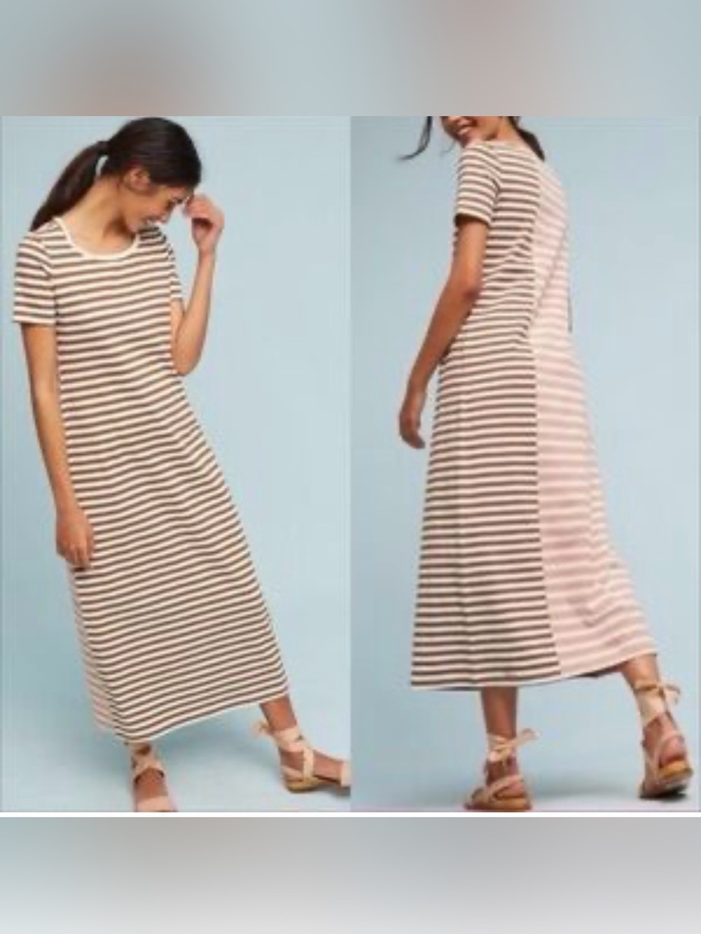 Striped Short-Sleeve Maxi Dress in Brown and Pink
